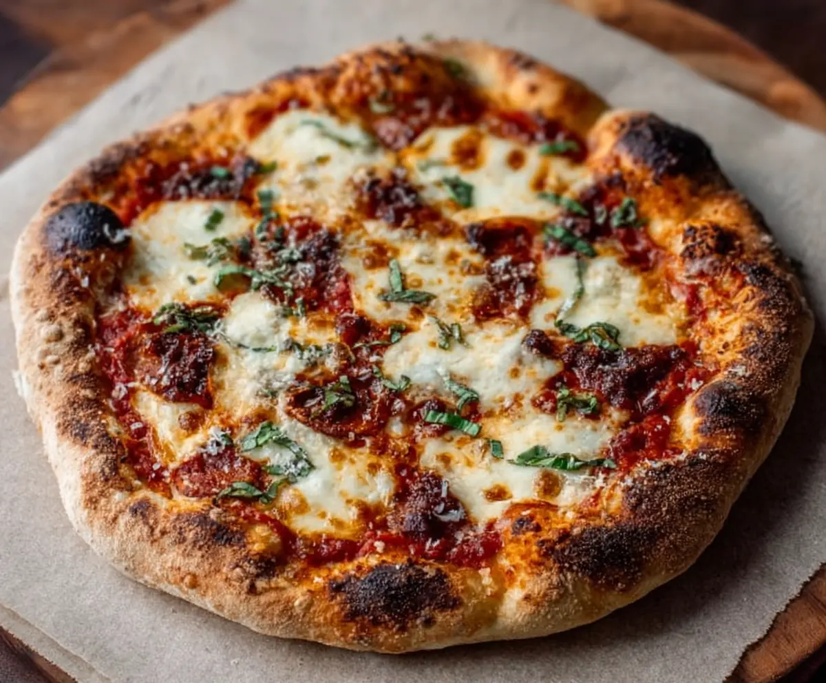 Crusty sourdough pizza fresh from the oven with crispy edges and melted cheese.