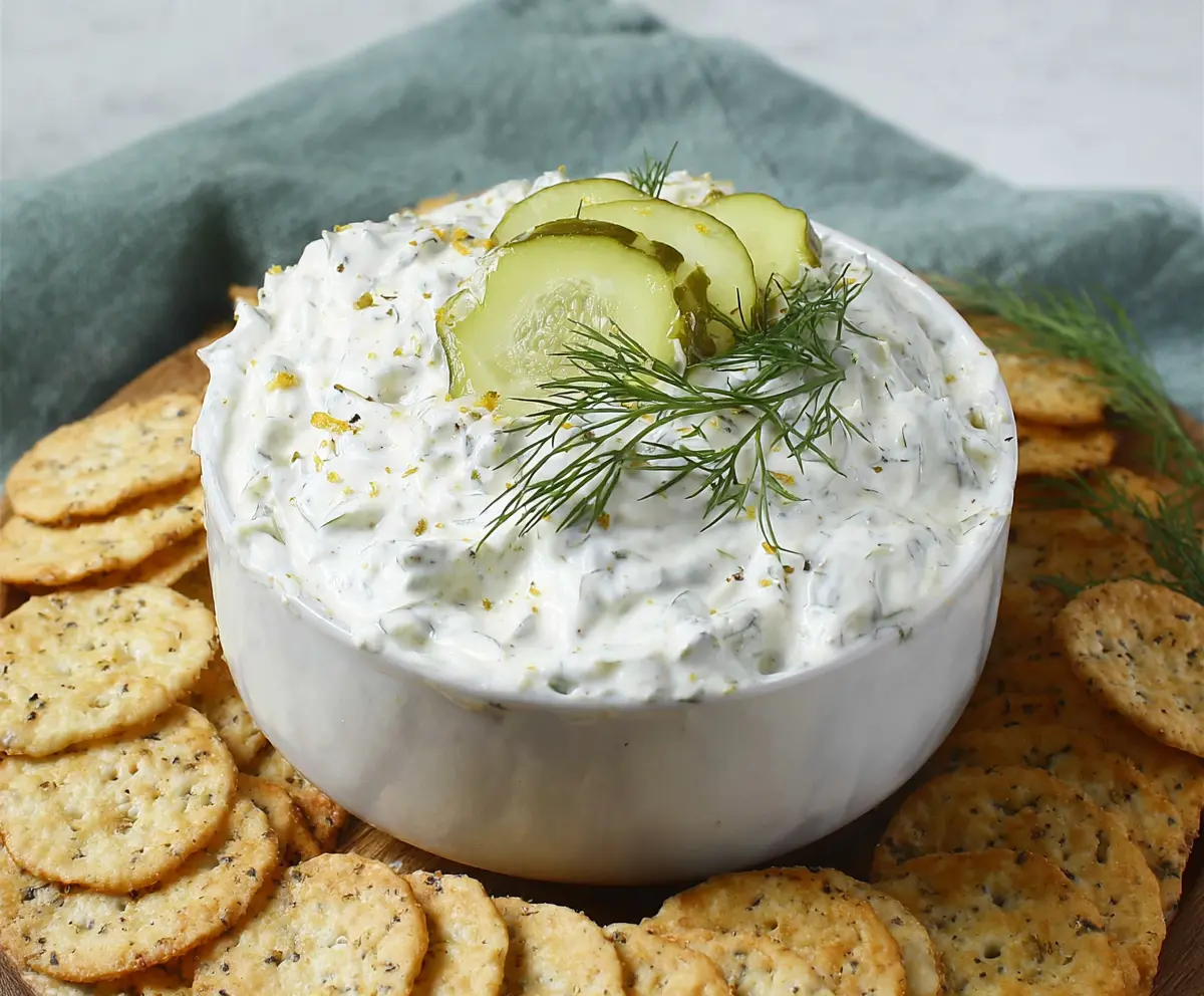 Creamy dill pickle dip with fresh herbs and crunchy pickle chunks for a flavorful appetizer.