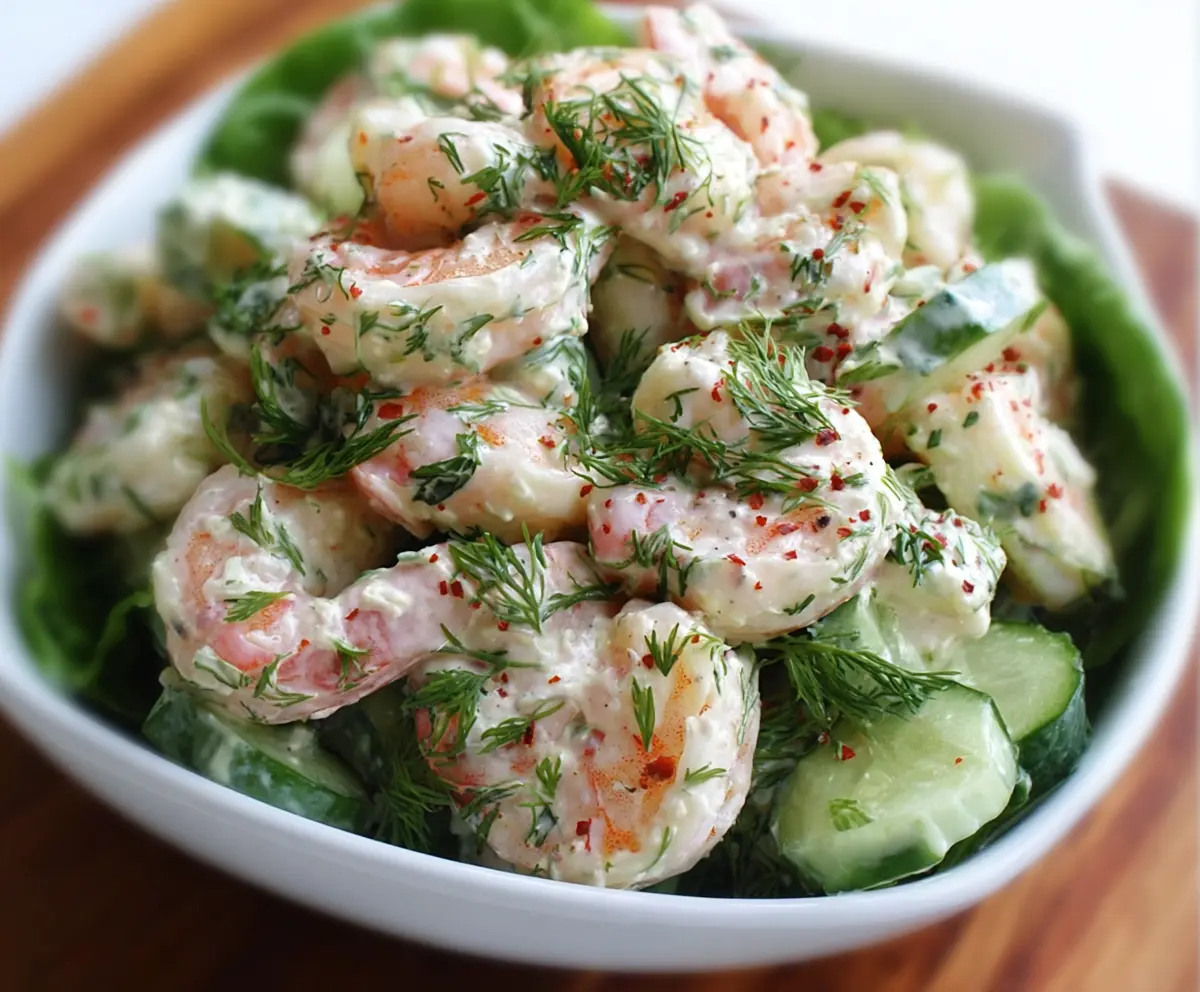 Fresh dill and tender shrimp in a vibrant dill shrimp salad ready to serve.
