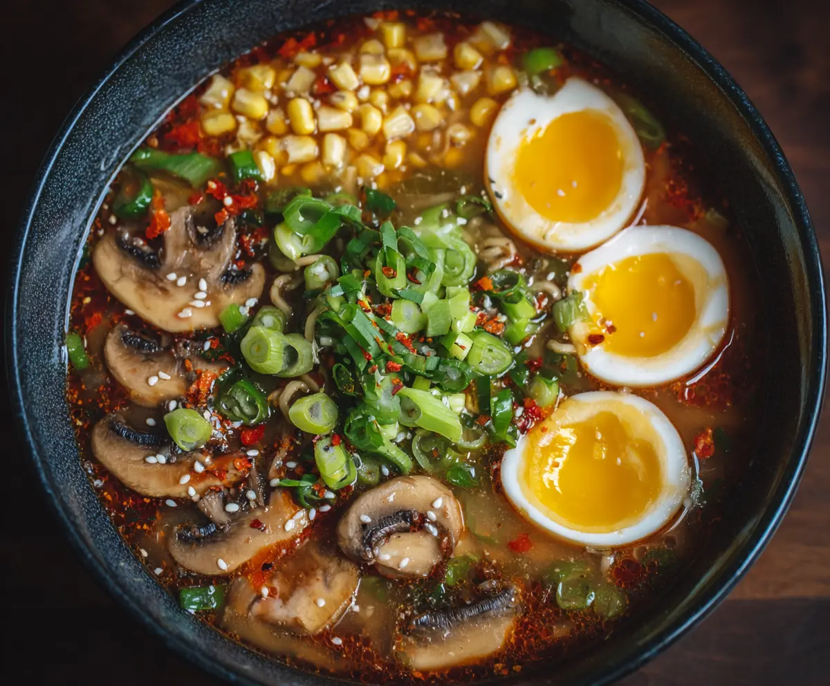 Warm Egg Drop Ramen Soup with soft-boiled eggs and fresh green onions in a bowl.