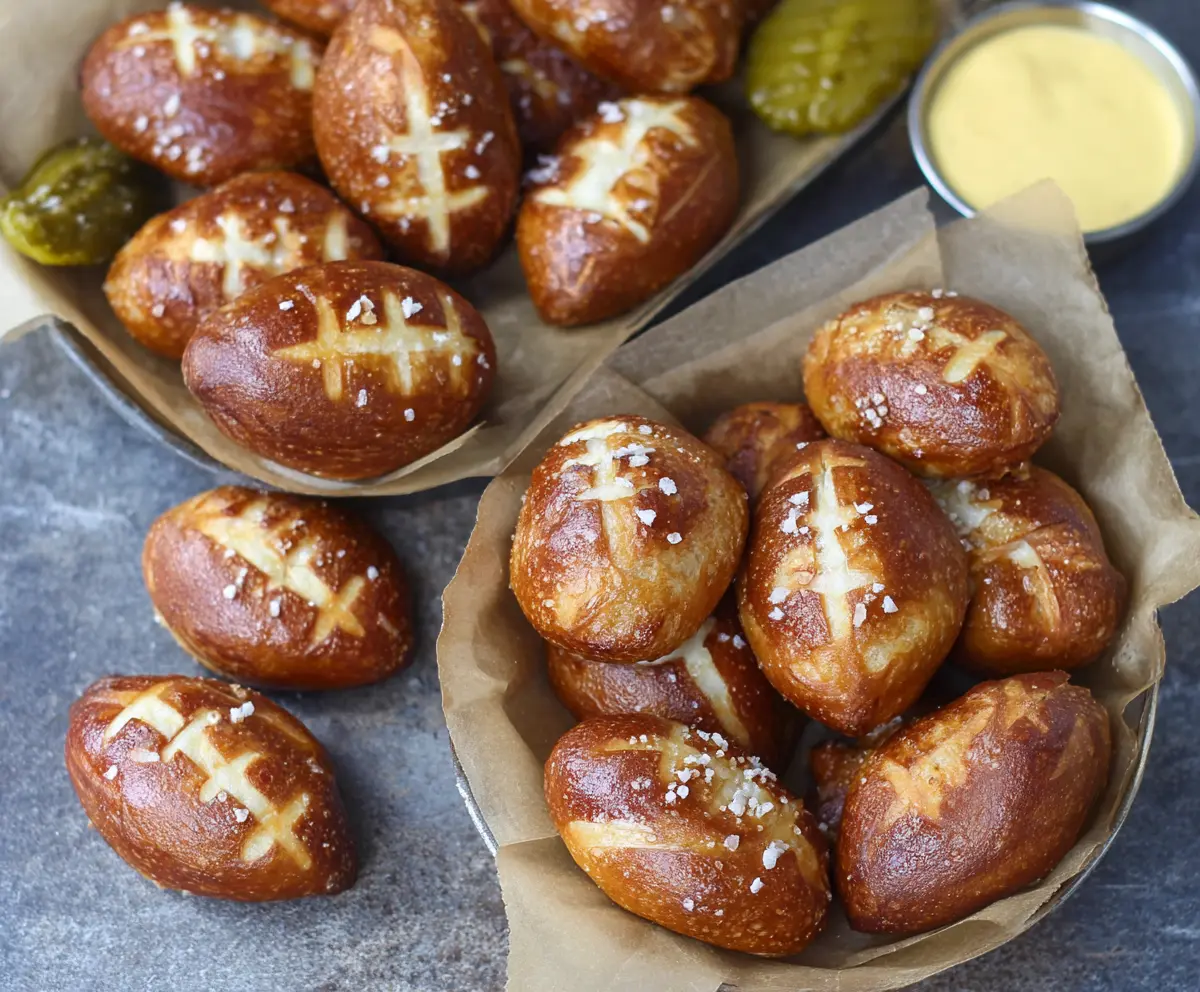 Football-shaped soft pretzel bites on a plate, perfect for game day snacking.