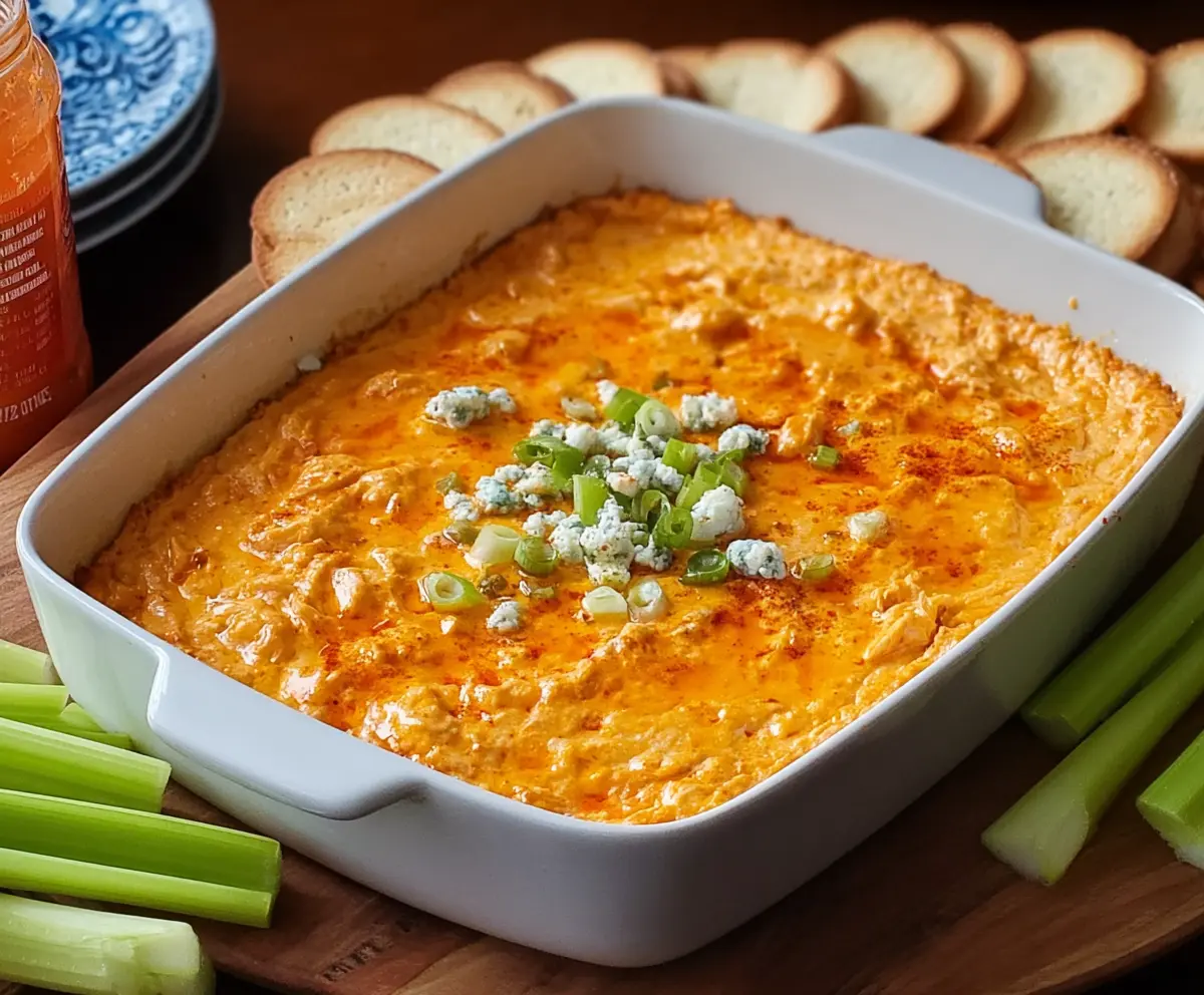 Delicious spicy buffalo chicken dip with Frank's Red Hot sauce served with tortilla chips.