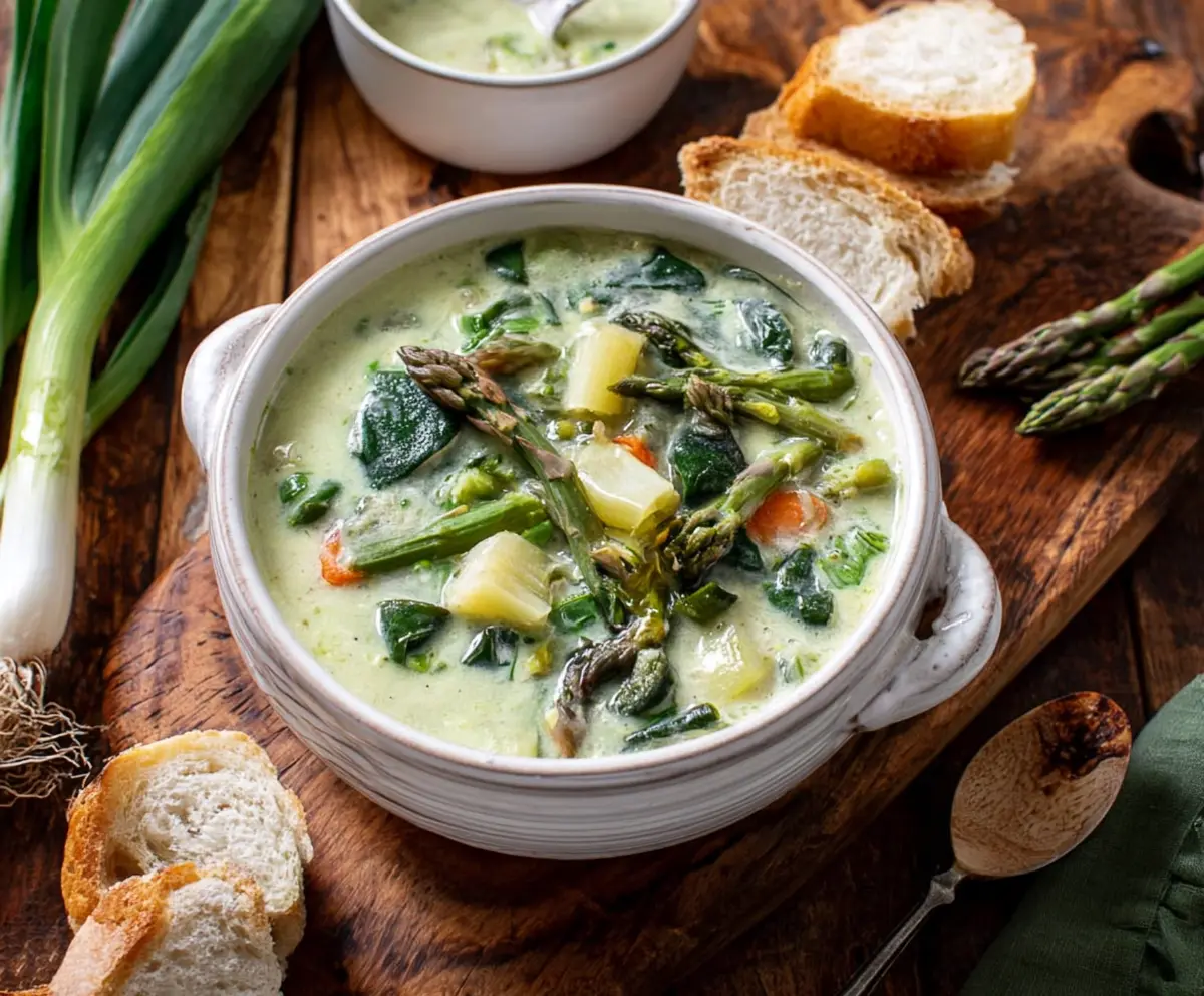 A bowl of fresh French Spring Soup garnished with herbs and vegetables.