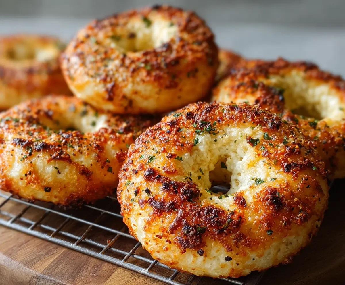 Delicious homemade garlic Parmesan cottage cheese bagels on a rustic plate.