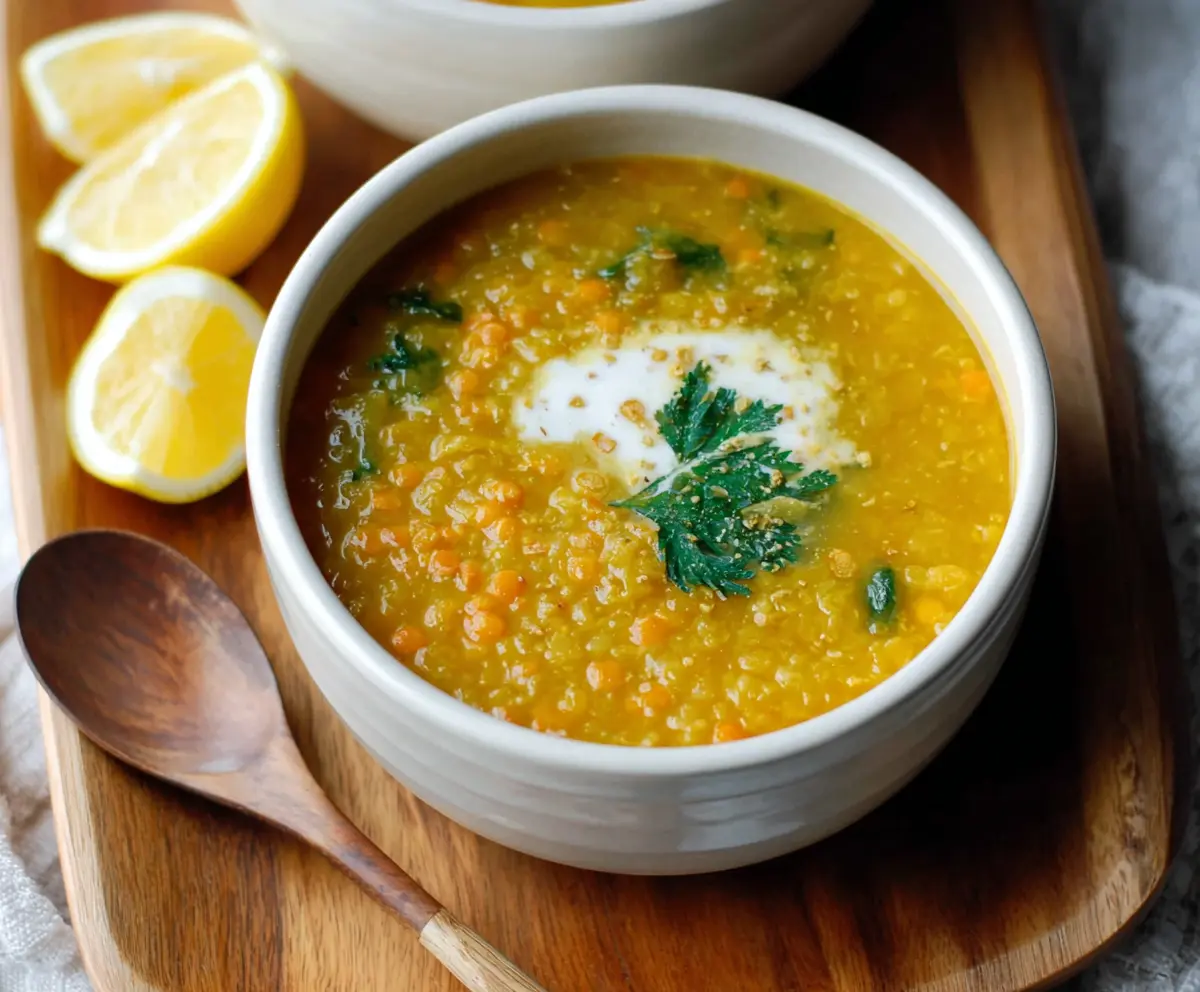 Warm bowl of Golden Lemon Lentil Soup garnished with fresh herbs, perfect for a comforting, healthy meal.