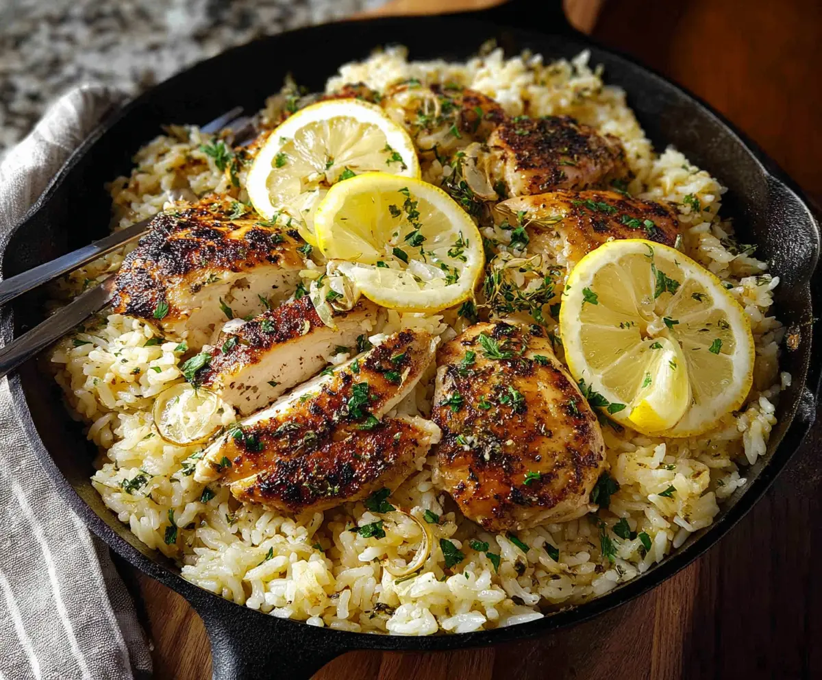 Delicious Greek lemon rice with tender chicken, garnished with fresh herbs, served as a flavorful Mediterranean main dish.