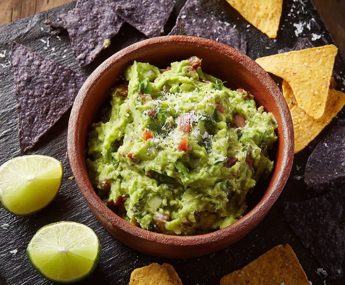 Fresh homemade guacamole with ripe avocados, tomatoes, and lime served as a healthy dip.