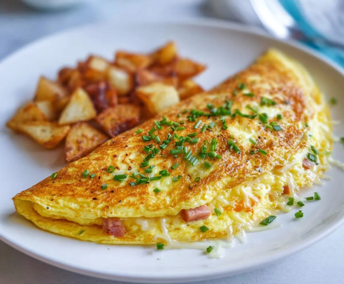 Delicious ham and cheese omelet on a breakfast plate with melted cheese and diced ham.