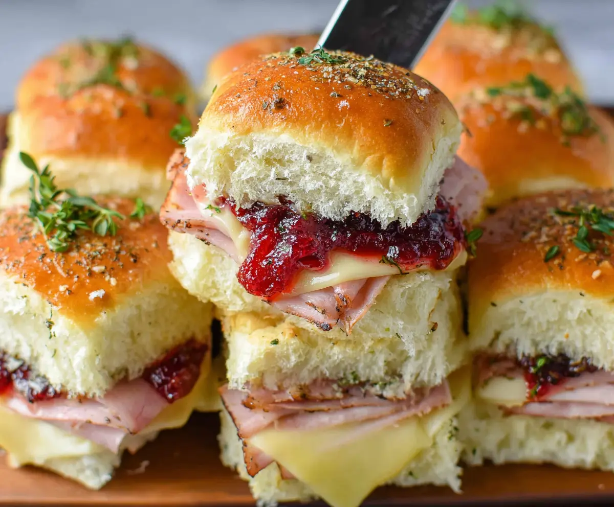 Delicious ham and cranberry sliders on a platter, perfect for parties and gatherings.