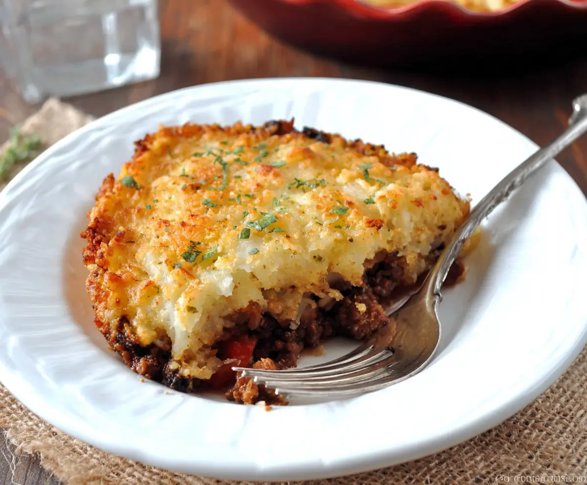 Delicious Hash Brown Shepherd's Pie topped with crispy hash browns and fresh herbs