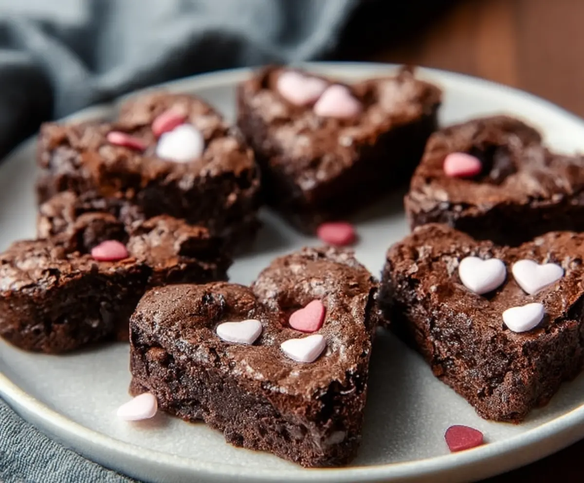 Delicious heart-shaped brownies on a plate, perfect for Valentine's Day dessert