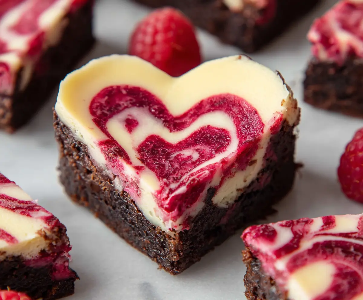 Delicious heart-shaped raspberry cheesecake brownies with a rich chocolate base and fresh raspberry topping.