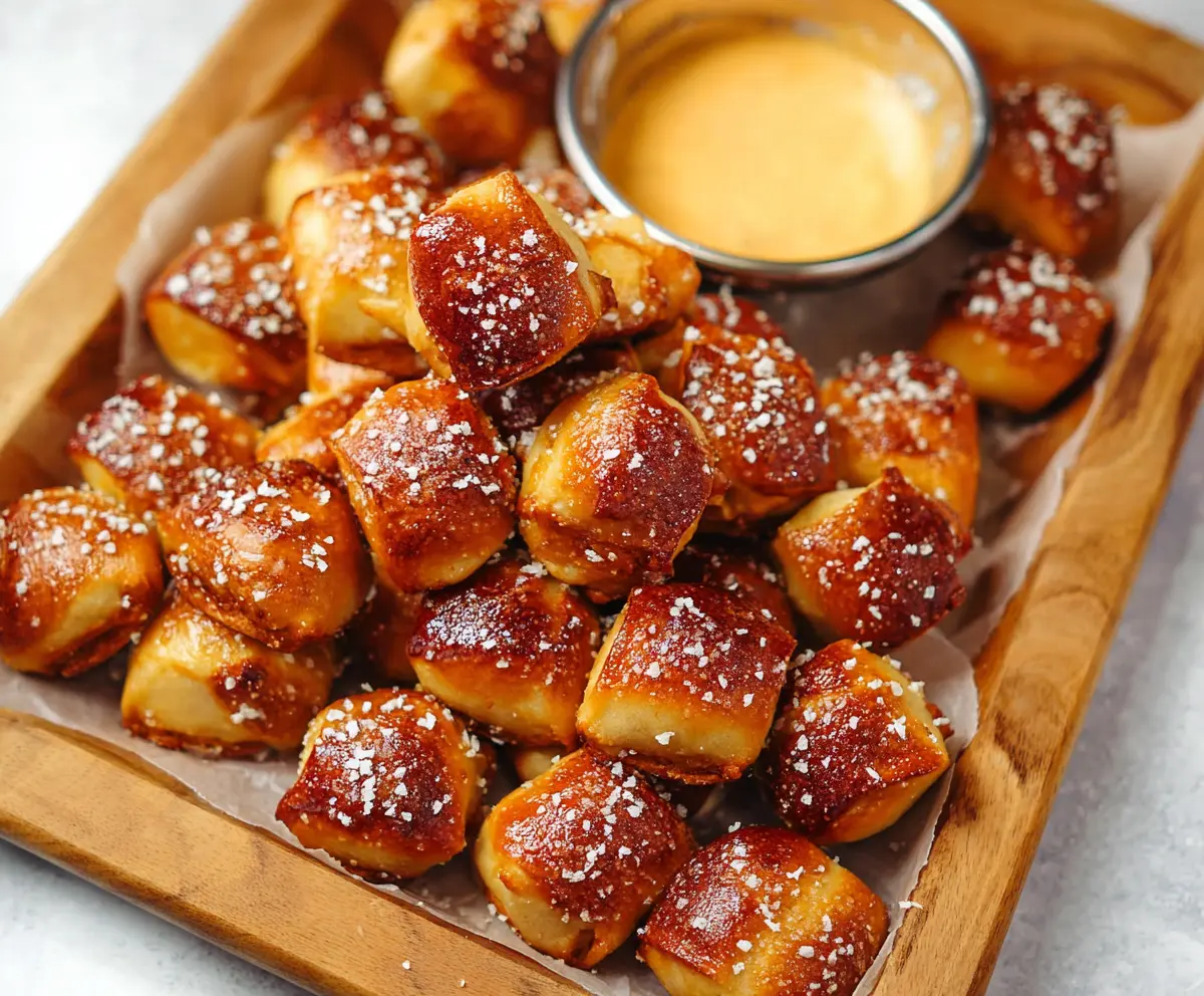 Close-up of homemade soft pretzel bites arranged on a wooden platter, showcasing their golden-brown crust and soft interior.
