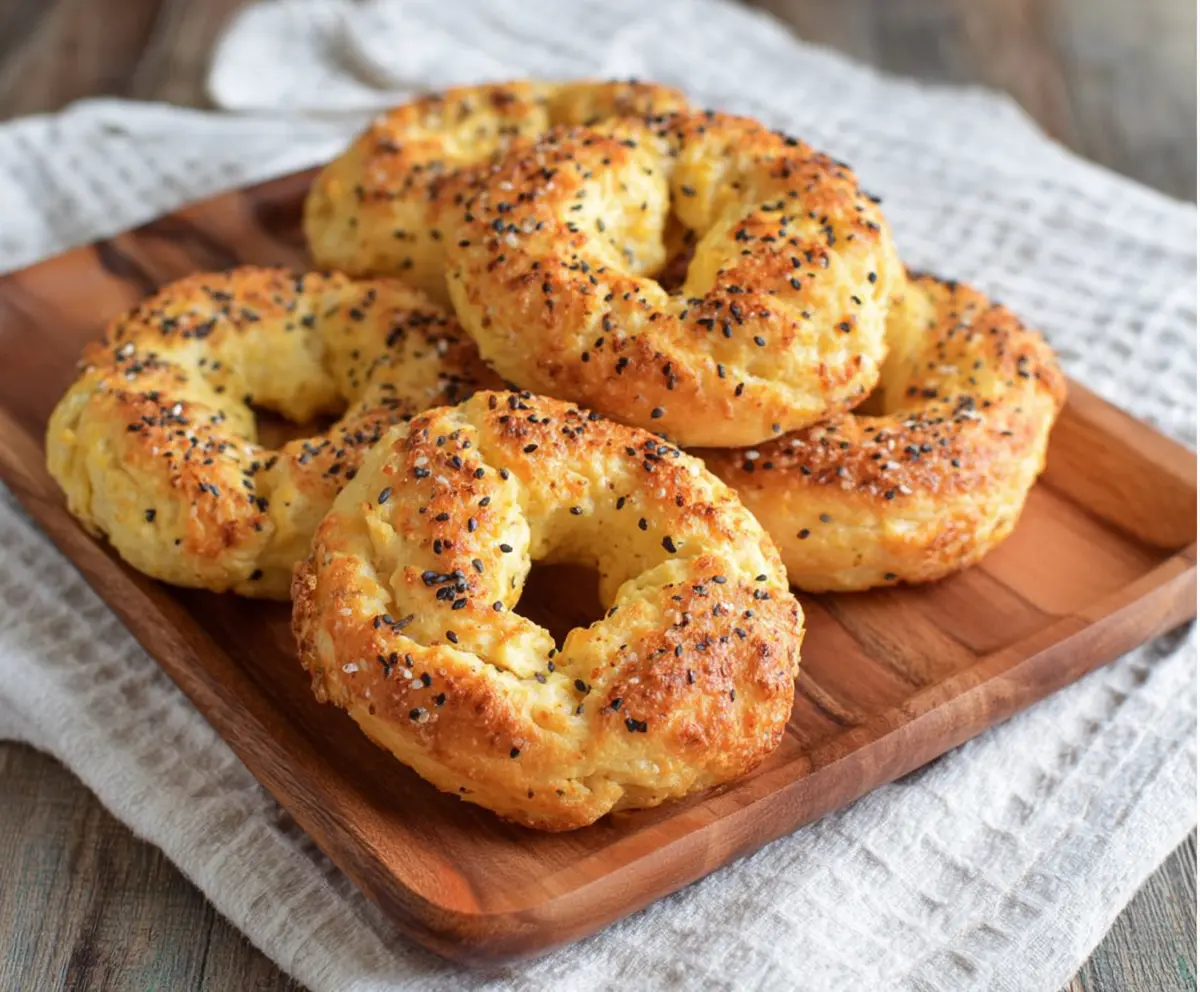 Delicious homemade Keto Cottage Cheese Bagels on a rustic wooden board.