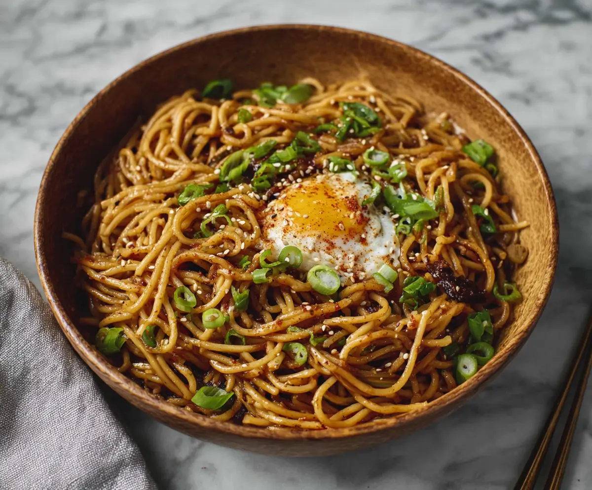Delicious Korean Garlic Noodles garnished with chopped green onions on a white plate.
