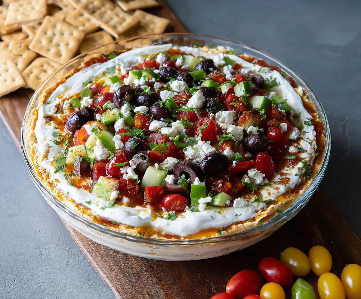Colorful layered Greek dip with spinach, tomatoes, feta cheese, and olives in a clear glass dish, perfect for Mediterranean appetizers.