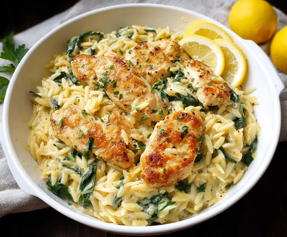 Delicious Lemon Chicken served with Orzo pasta, garnished with fresh herbs, perfect for a flavorful meal.