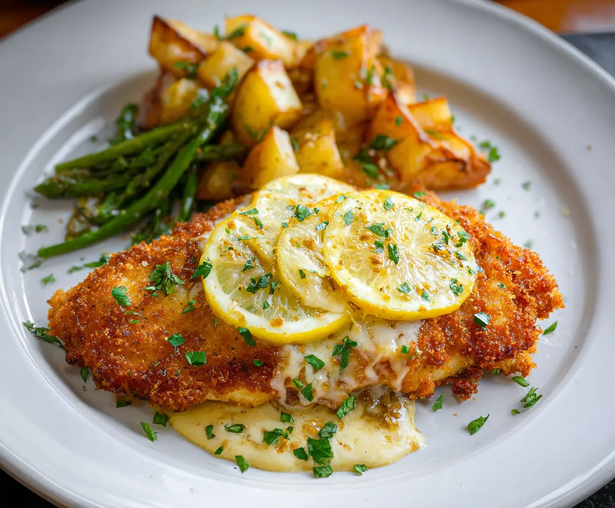 Delicious Lemon Chicken Romano garnished with fresh herbs on a white plate