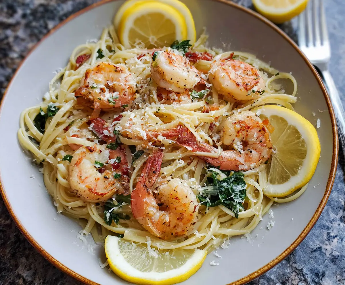 Delicious Lemon Garlic Shrimp Pasta garnished with fresh herbs on a white plate