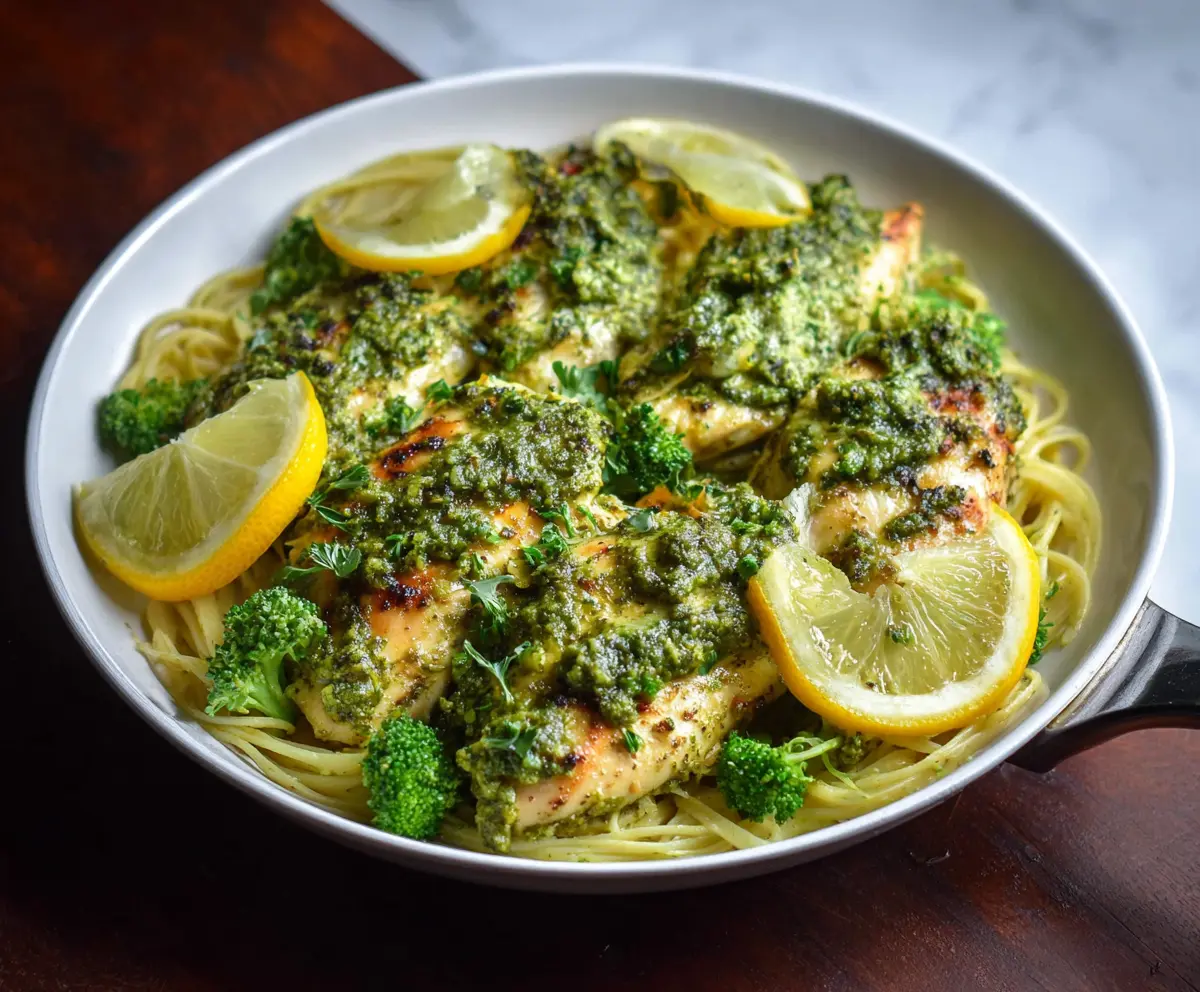 Juicy lemon pesto chicken breast garnished with fresh herbs on a rustic plate.