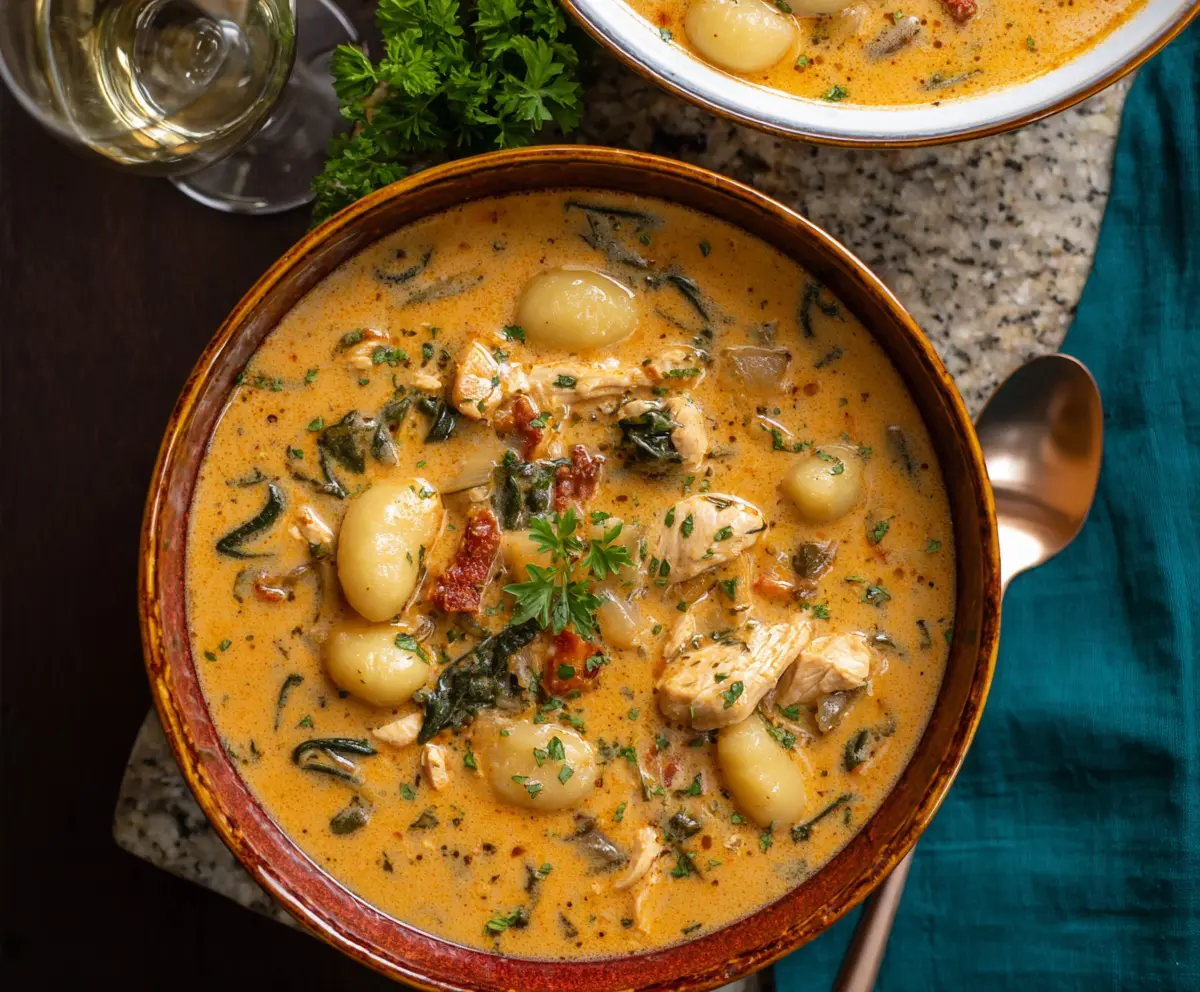 Creamy Marry Me Tuscan Chicken Gnocchi Soup in a bowl with fresh herbs and Parmesan cheese.