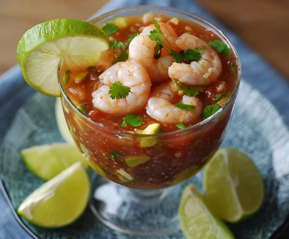 Refreshing Mexican shrimp cocktail served in a glass bowl with lime and cilantro garnish
