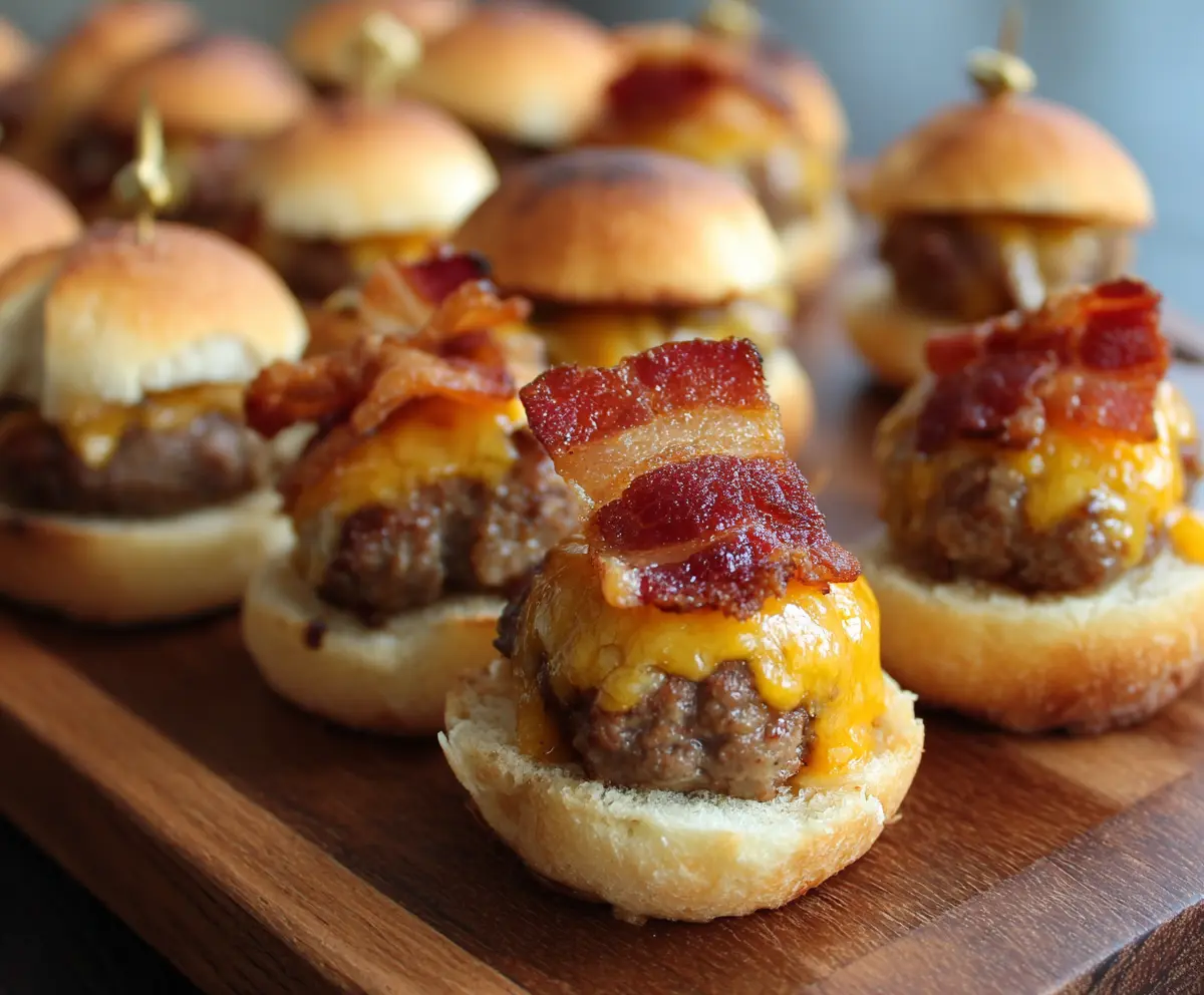Delicious mini bacon cheeseburger bites on a platter, perfect for parties and snacks.