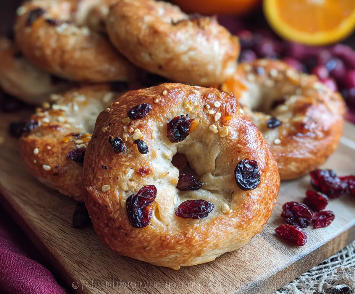 Freshly baked mini cranberry orange bagels garnished with orange zest and cranberries on a rustic wooden table.