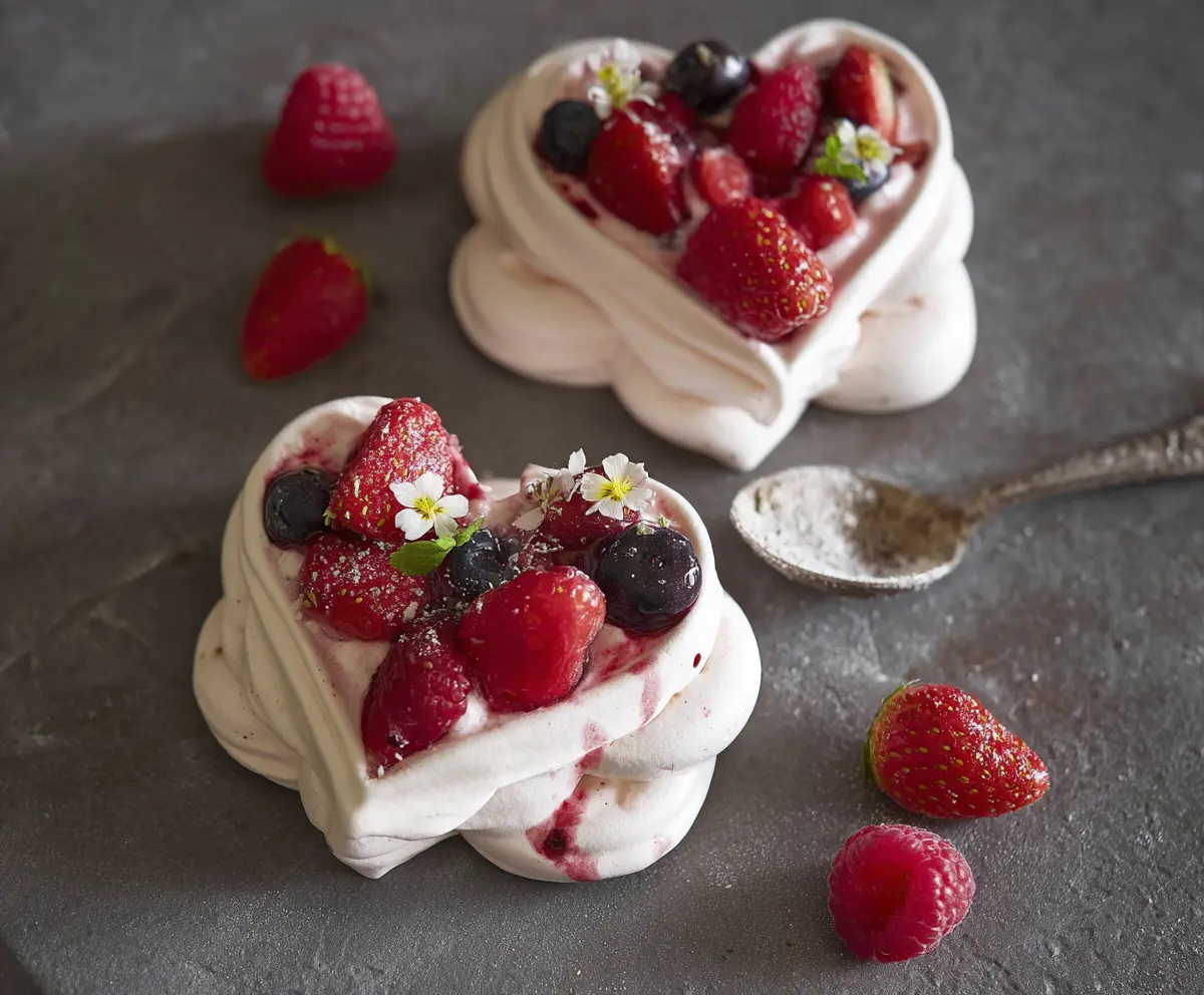 Mini Heart Pavlovas decorated with fresh berries and whipped cream on a white plate