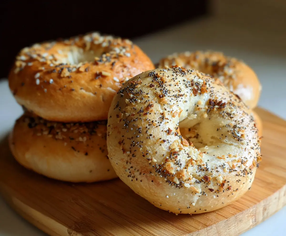 Freshly baked New York Style sourdough discard bagels on a wooden surface with a golden crust and chewy interior.