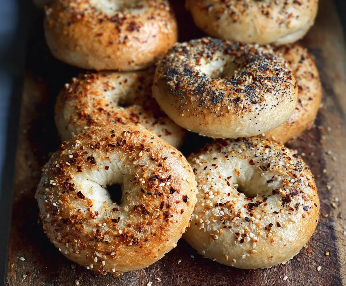 Golden no yeast sourdough discard bagels on a baking tray with sesame seeds.