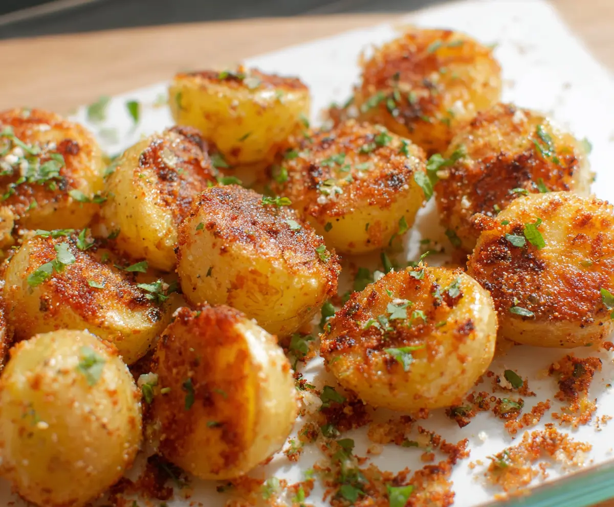 Golden Parmesan crusted baby potatoes served as a delicious side dish.