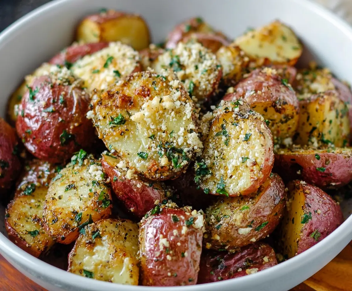 Golden roasted Parmesan garlic butter red potatoes served as a savory side dish.