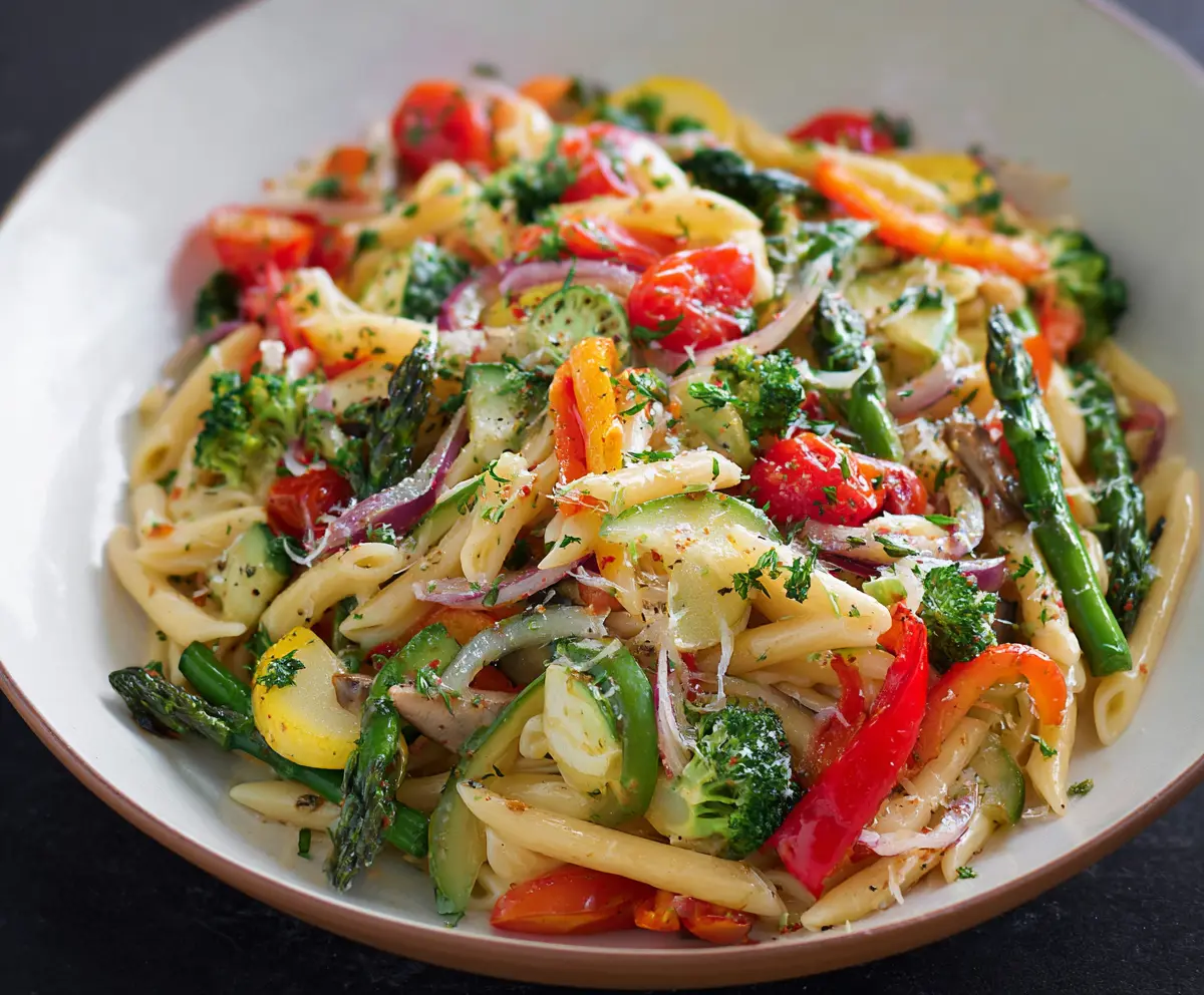 Colorful Pasta Primavera with Fresh Vegetables and Parmesan Cheese