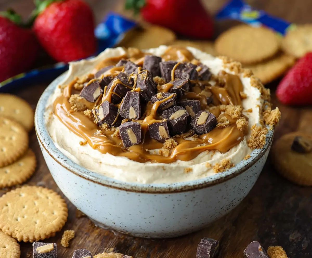 Creamy peanut butter cheesecake dip served with fresh fruit for a delicious snack.
