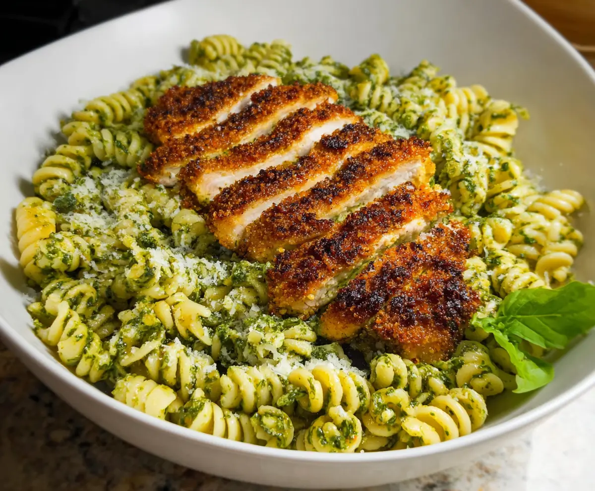 Delicious pesto pasta topped with crispy Parmesan chicken slices, perfect for a flavorful meal.
