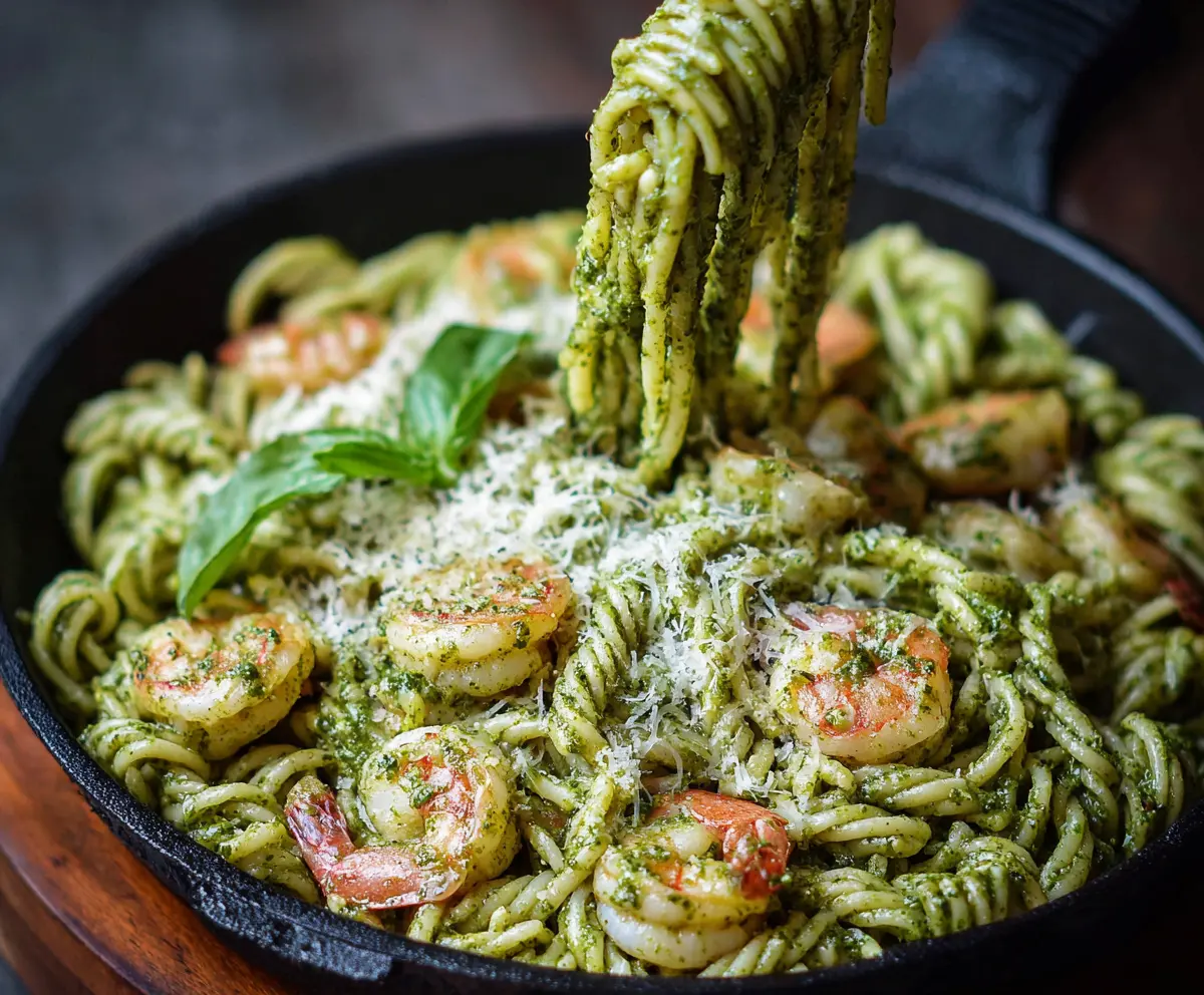 Delicious pesto shrimp pasta garnished with fresh basil and grated Parmesan cheese.
