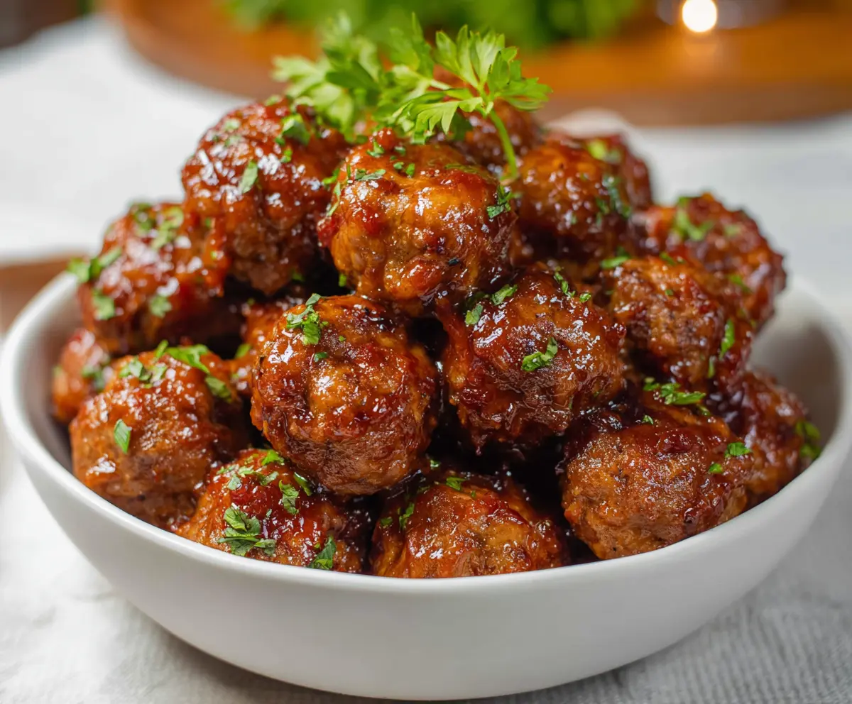 Delicious raspberry chipotle meatballs served on a platter, perfect for appetizer or party snacks.