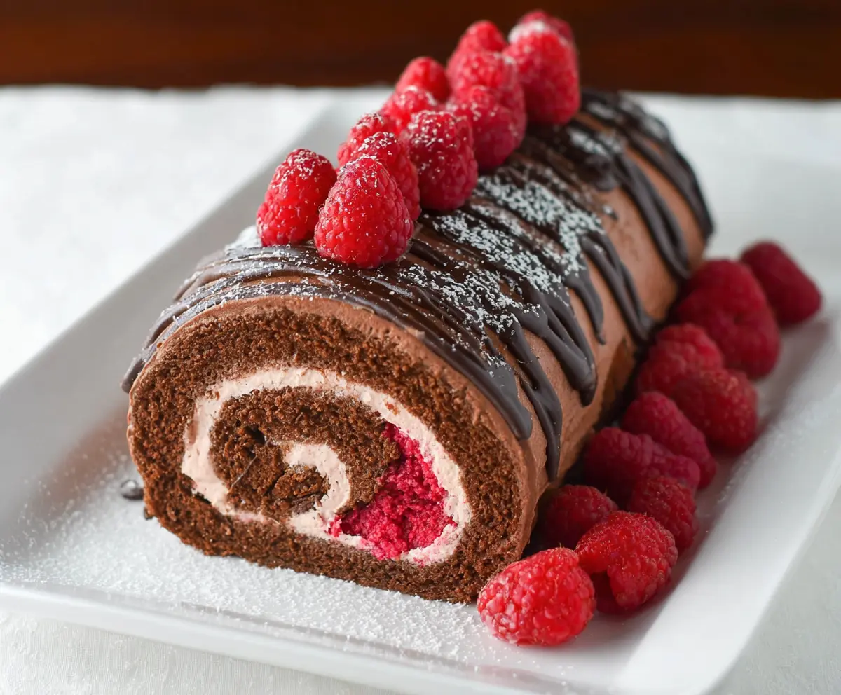 Delicious Raspberry and Chocolate Swiss Roll dessert with fresh raspberries and rich chocolate sponge cake.