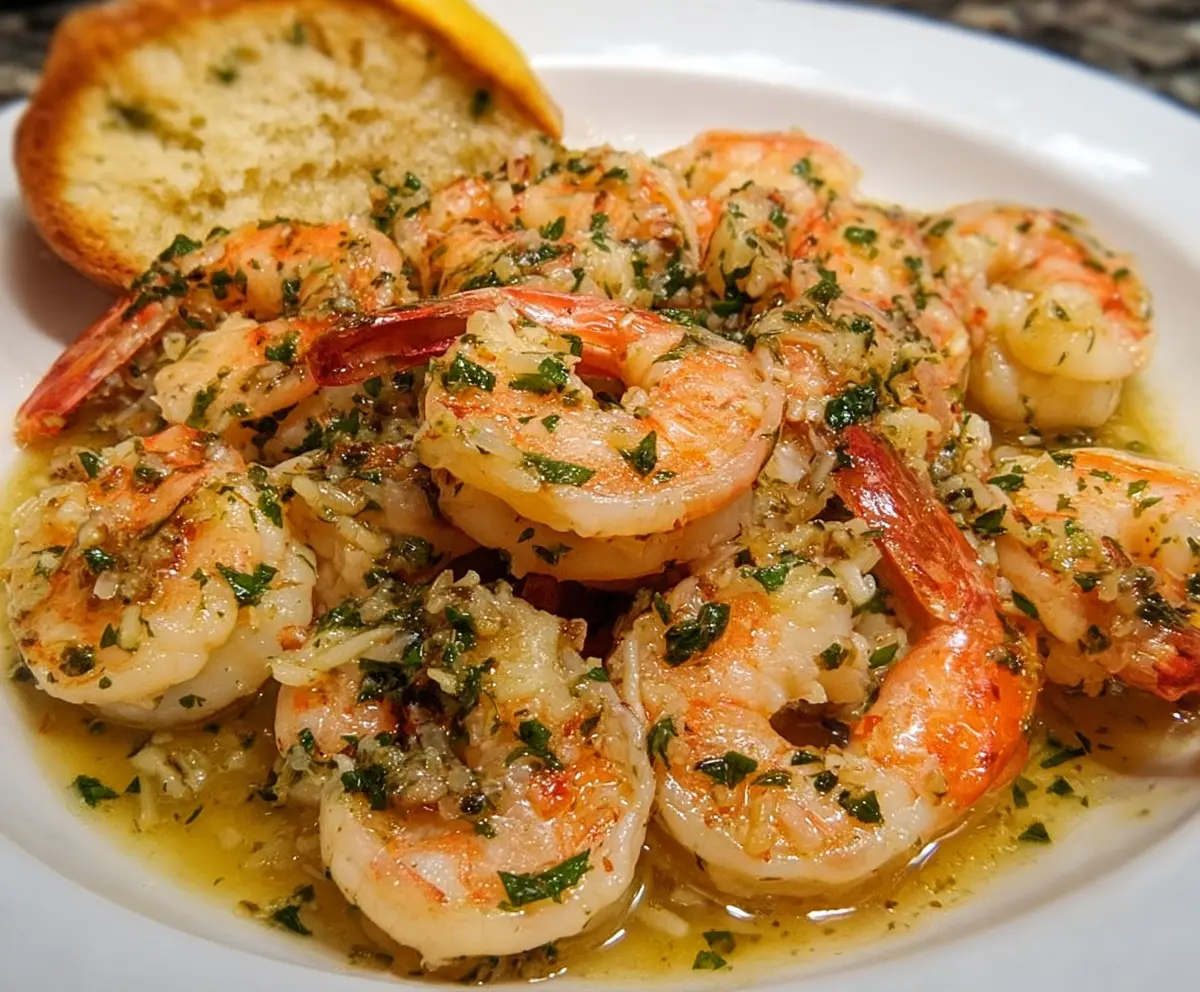 Delicious Red Lobster Shrimp Scampi served on a plate with pasta and fresh herbs.