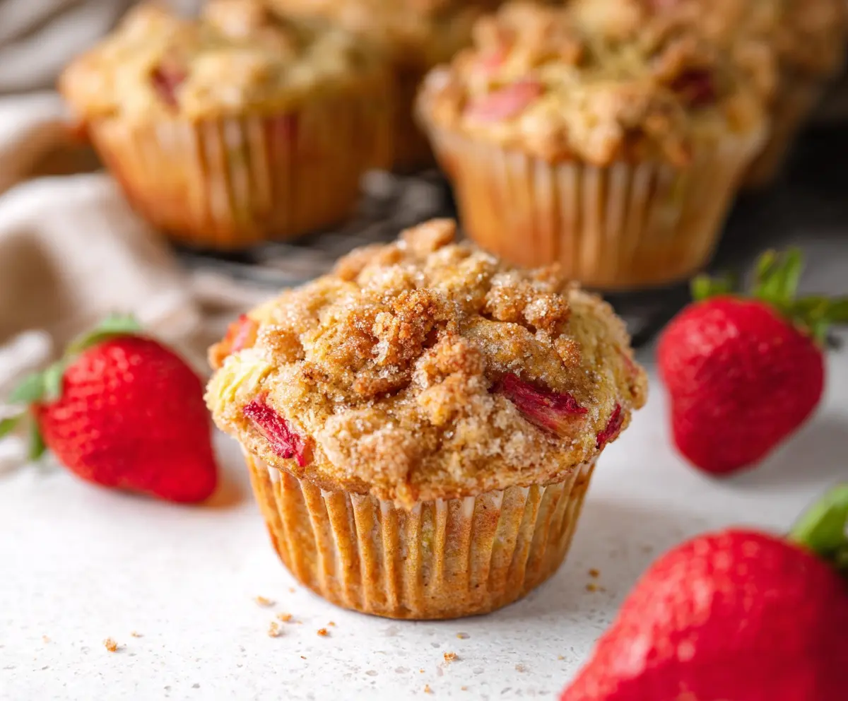 Crusty Rhubarb Strawberry Muffins fresh out of the oven, showcasing a golden-brown top with vibrant strawberry and rhubarb fillings.