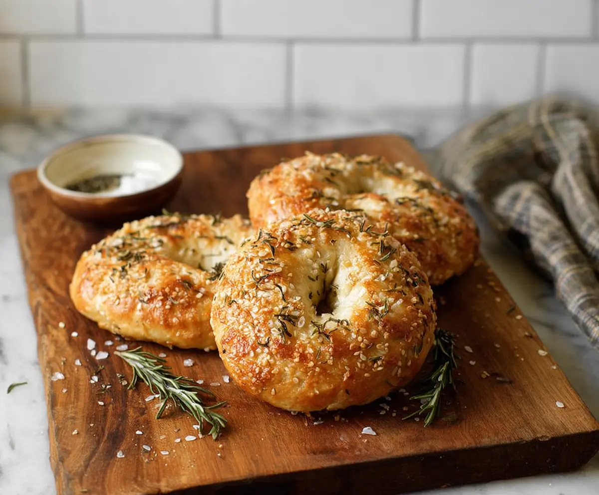 Freshly baked rosemary bagels with a golden crust on a wooden board.