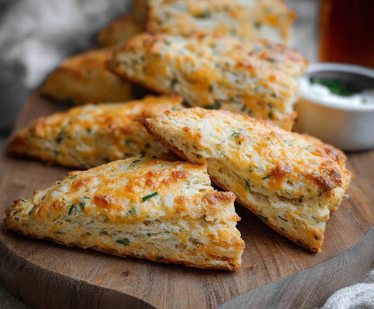 Homemade sharp cheddar and chive sourdough scones served on a rustic board, showcasing their golden crust and savory filling.