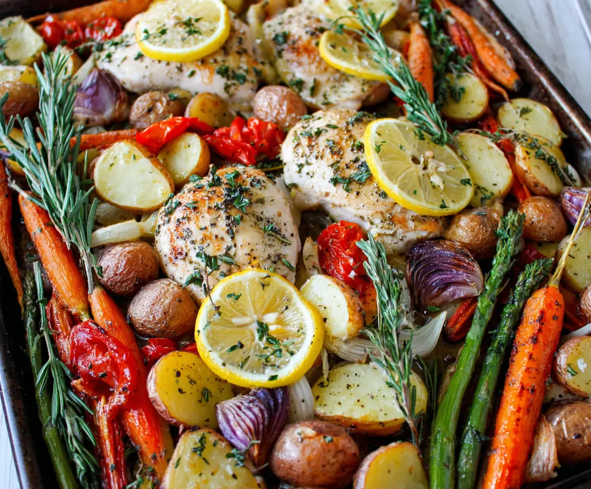 Sheet pan lemon herb chicken with colorful roasted vegetables, delicious and easy to prepare.