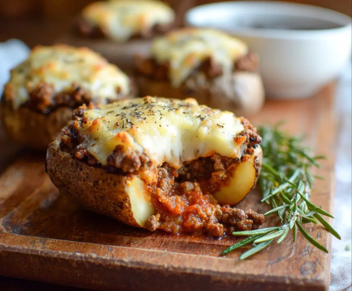 Delicious Shepherd's Pie Baked Potatoes topped with melted cheese and fresh herbs.