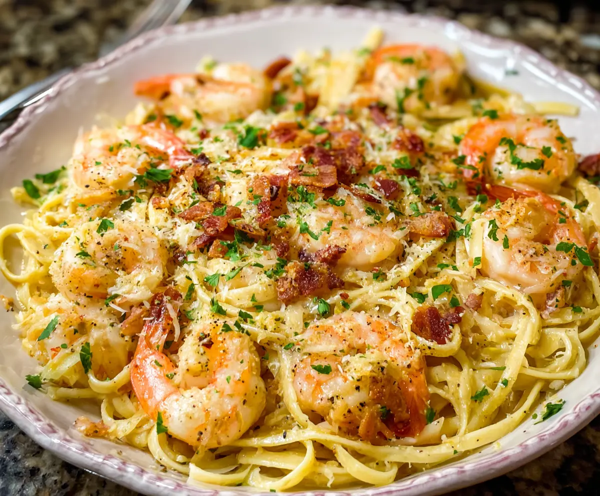 Delicious shrimp pasta carbonara with creamy sauce and fresh herbs on a plate.