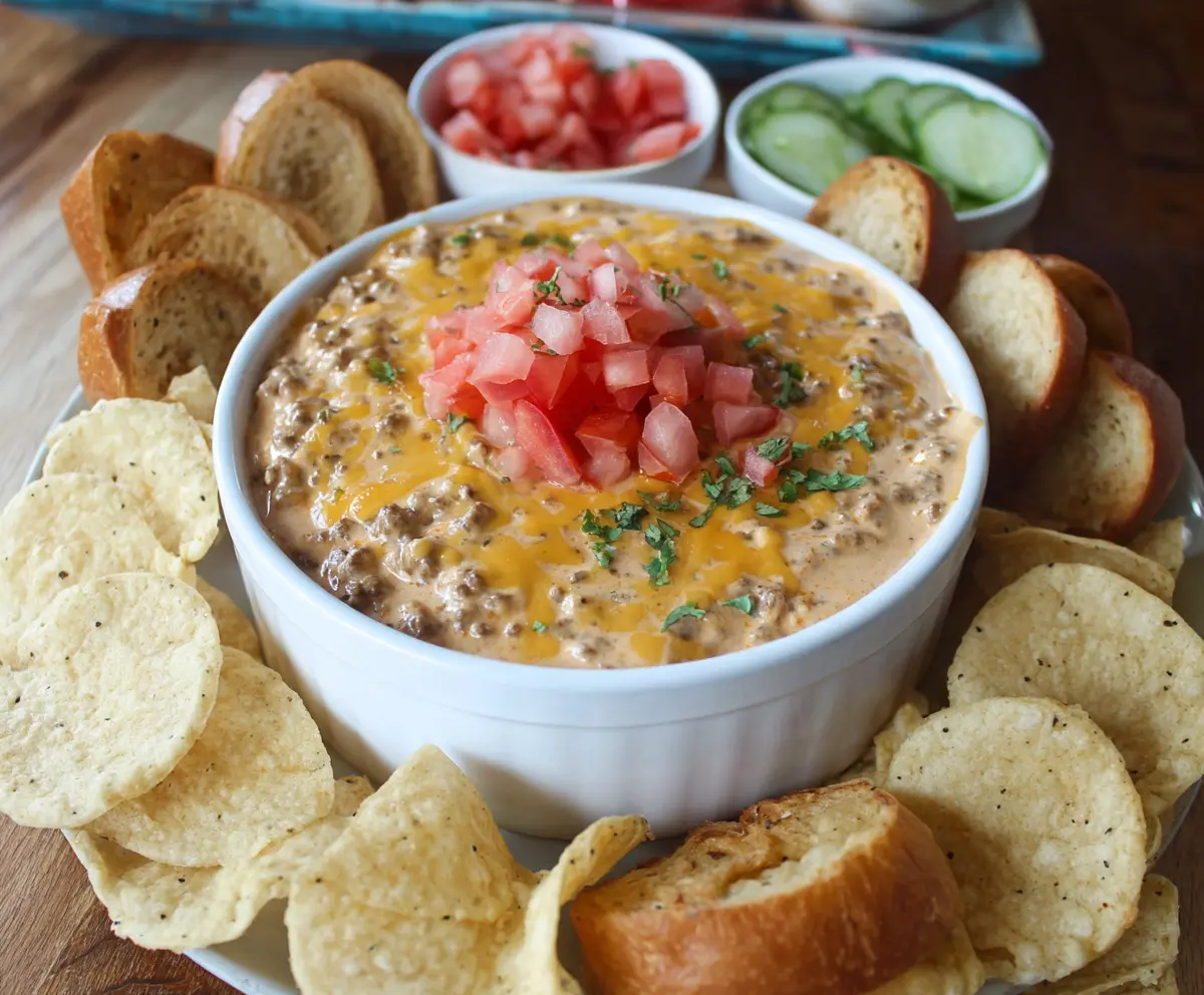 Delicious Slow Cooker Big Mac Dip with layers of beef cheese and special sauce in a serving bowl.