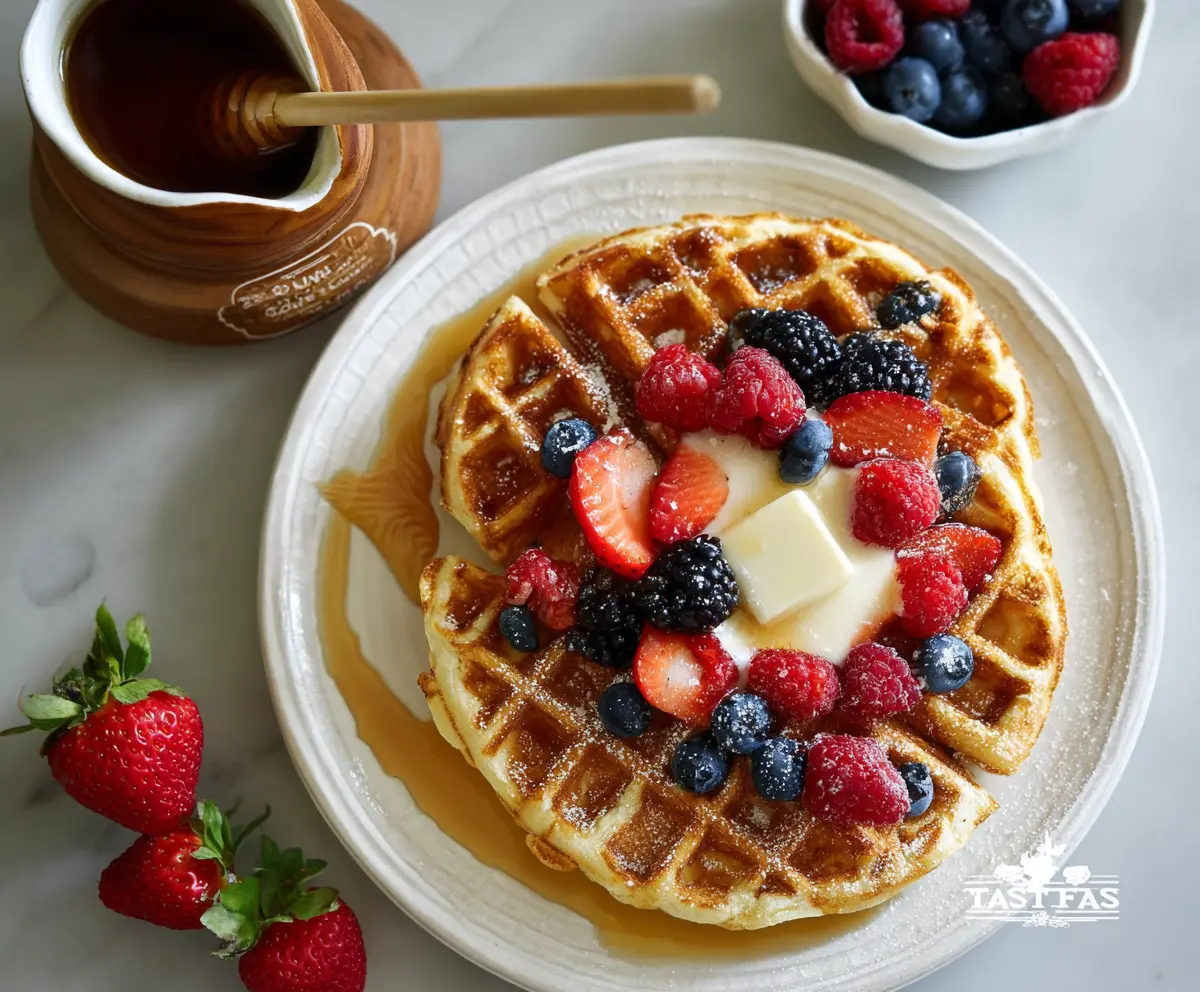 Golden brown sourdough discard waffles served with fresh fruit and syrup.