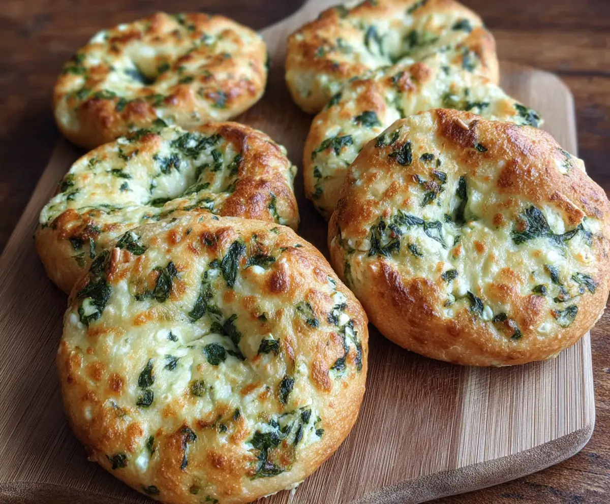 Delicious spinach and cottage cheese flat bagels on a plate, perfect for a healthy breakfast or snack.
