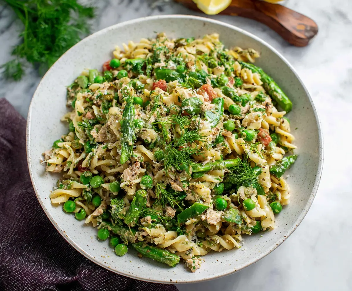 Fresh spring pasta salad with colorful vegetables and grilled protein for a nutritious meal.